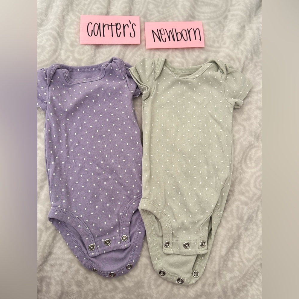 ❤️NWOT Carter's Infant Purple and Light Green Polka Dot Bodysuits, Newborn, 2 pk